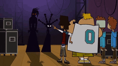 a group of cartoon characters are standing in front of a shadow of a monster with a number 0 on it