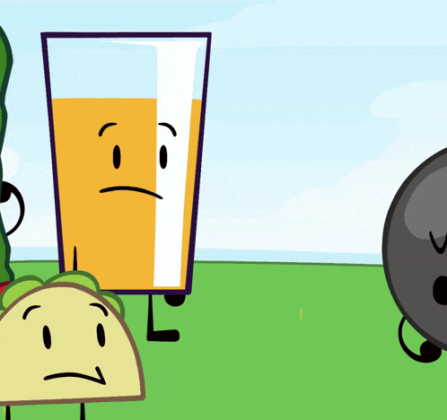 a cartoon drawing of a taco and a glass of orange juice with a sad face