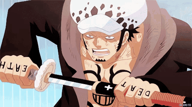 a drawing of a man holding a sword with the word death on his fingers