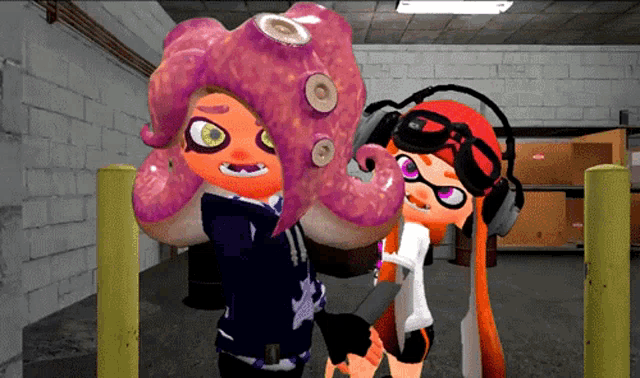 two cartoon characters are standing next to each other and one has a purple octopus on its head