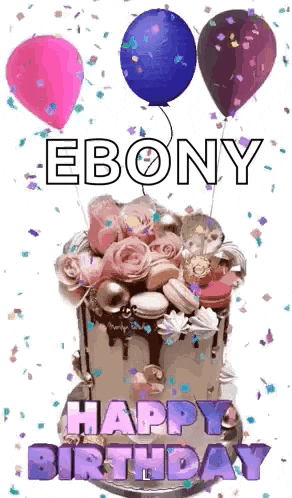 a birthday cake with balloons and confetti and the name ebony on it .