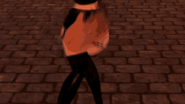 a cartoon character is standing on a cobblestone street with her arms outstretched