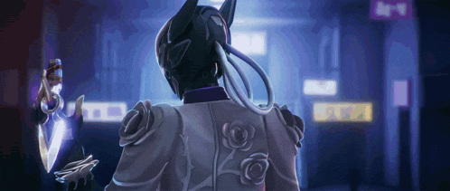 a video game character is holding a sword in a dark room