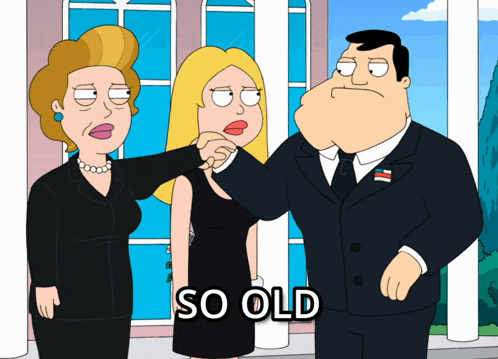 a cartoon shows a man in a suit and tie standing next to a woman in a black dress and the caption so old