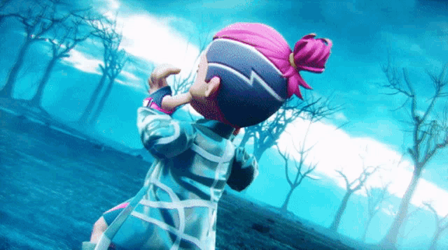 a cartoon character with pink hair is standing in a forest