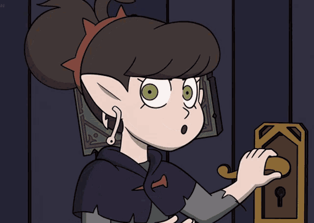 a cartoon character with a ponytail and green eyes is holding a door handle