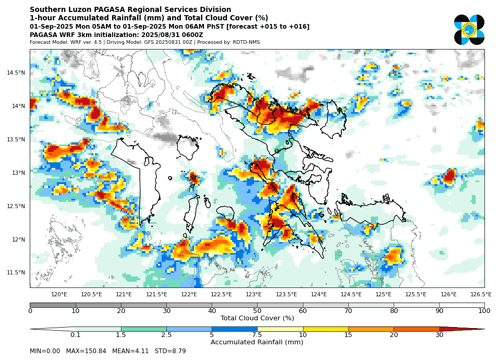 a map of the southern luzon pagasa regional services division showing rainfall