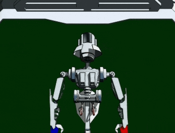 a robot is holding a red and blue object in its right hand