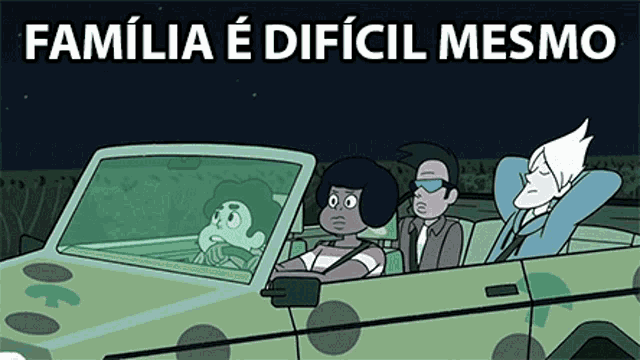 three cartoon characters in a car with the words familia e dificil mesmo