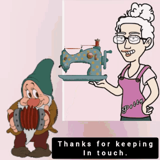 a cartoon of a woman holding a sewing machine next to a dwarf with an accordion