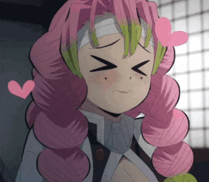 a girl with pink hair is making a sad face with her eyes closed and a heart in her hair .