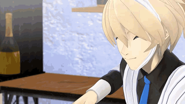 a cartoon character with blonde hair and a blue tie is sitting at a table