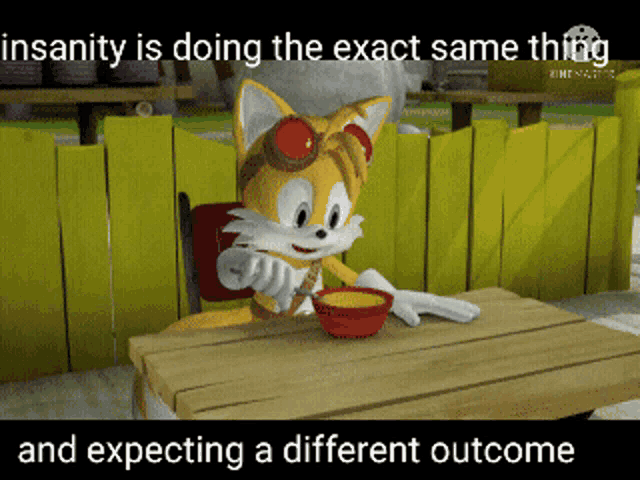 tails from sonic the hedgehog is sitting at a table eating a bowl of soup