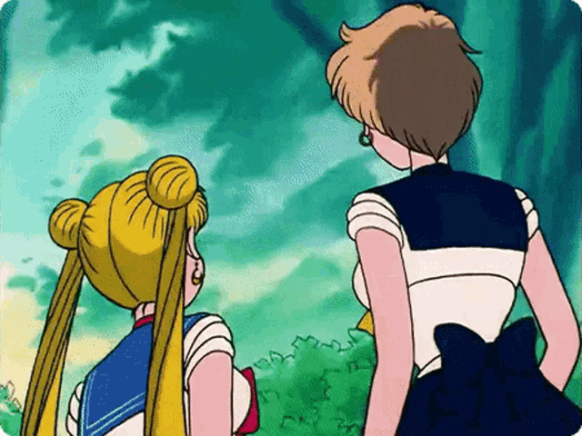 two cartoon characters standing next to each other in a field