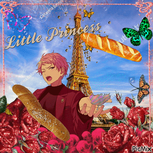 a picture of a boy holding a loaf of bread with the words little princess written on it