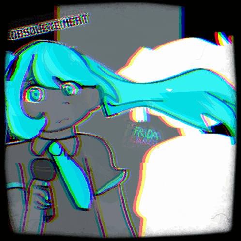 a drawing of a girl with blue hair holding a microphone with a halo on her head and the word commitment above her head
