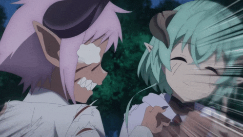 a girl with horns on her head is being attacked by a demon