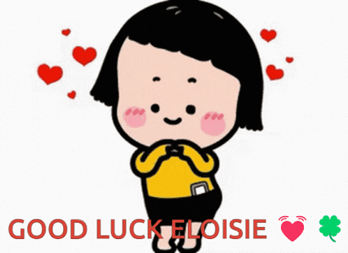 a cartoon girl is surrounded by red hearts and the words good luck eloise
