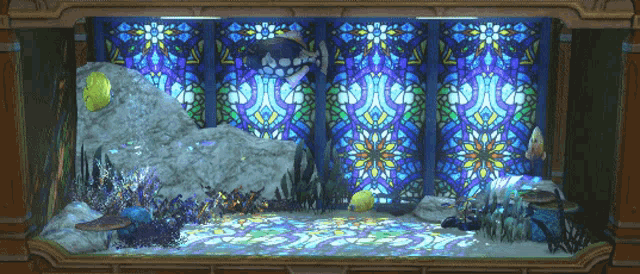 a stained glass aquarium with a dolphin and fish in it