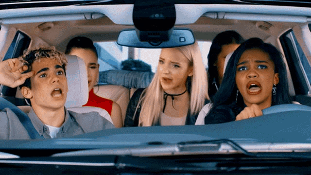 a group of people are sitting in a car with a rear view mirror that says ' d ' on it