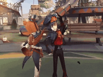 a video game character is standing in front of a roller coaster .