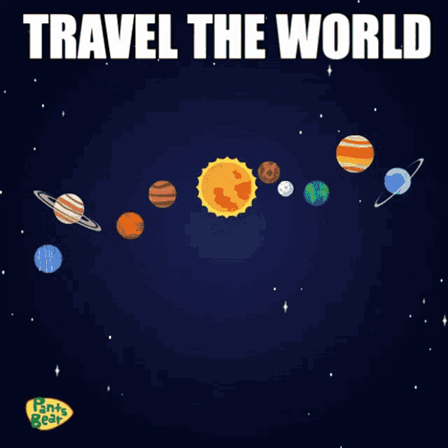 a cartoon of a man on a rocket with the words travel the world below him