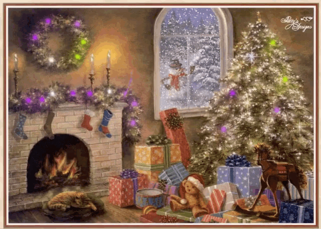 a painting of a living room with a christmas tree and presents by a fireplace