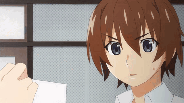 a person holding a piece of paper in front of a brown haired anime character
