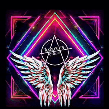 a colorful background with a triangle and wings that says anarchy official