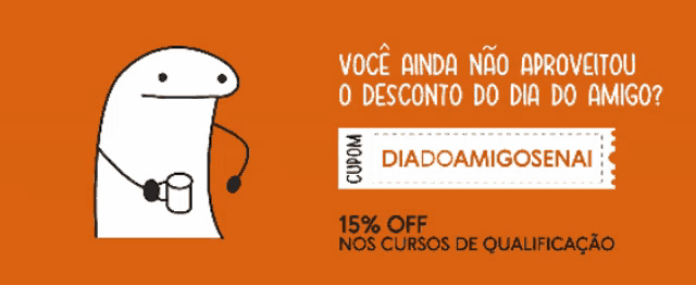 a cartoon character holding a cup and a coupon that says 15% off