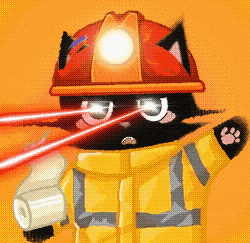 a black cat wearing a fireman 's helmet is holding a torch