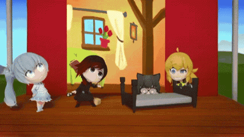 a group of cartoon characters are standing around a bed on a porch