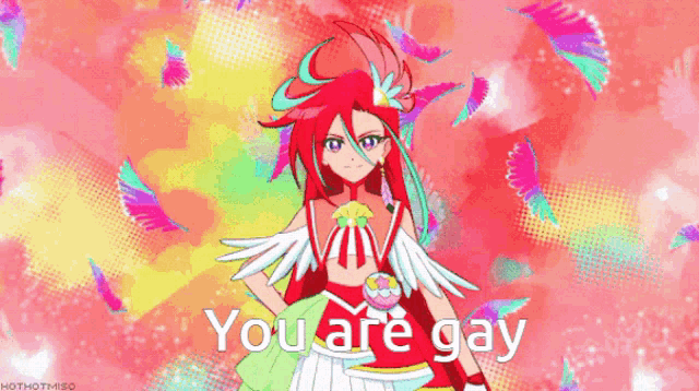 a girl with red hair and wings is standing in front of a pink background and says you are gay .