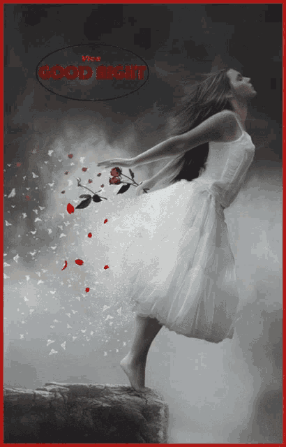 a woman in a white dress is standing on a rock with petals falling around her and the words good night written in red