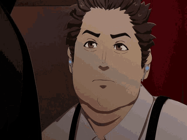 a close up of a man 's face with suspenders