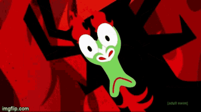a cartoon character with a green face and red hair is on a red background ..