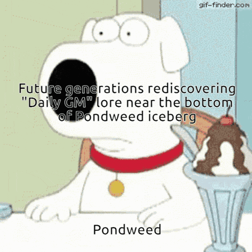 a cartoon of a dog next to a cup of ice cream that says pondweed on it