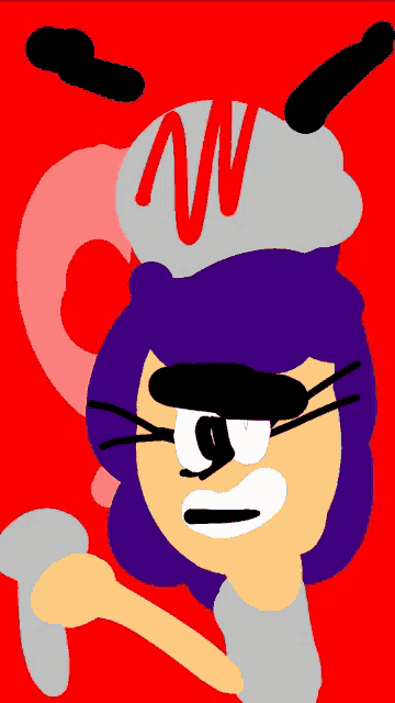 a cartoon drawing of a girl with purple hair and a hat with a red n on it