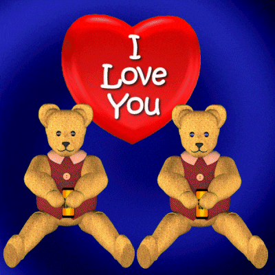 two teddy bears are sitting in front of a heart that says i love you