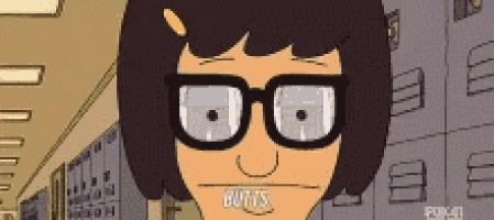 a cartoon character with glasses and the word butts on her mouth