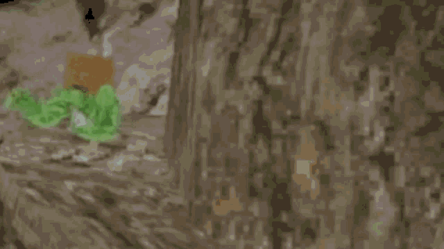 a stuffed animal with green arms is standing next to a tree trunk .
