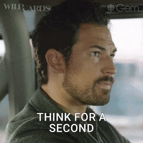 a man sitting in a car with the words think for a second above him