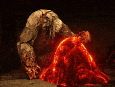 a monster is standing in front of a volcano that is coming out of the ground