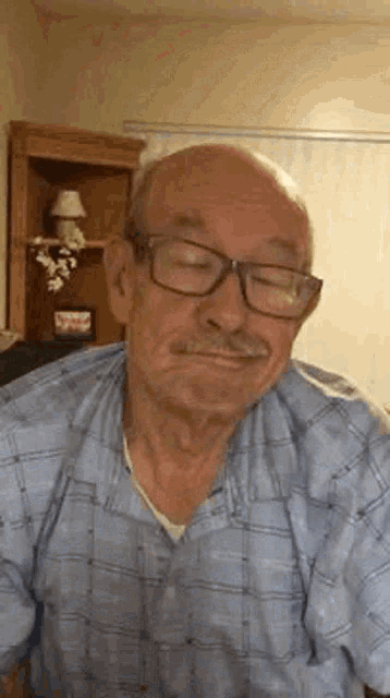 a man with glasses and a mustache is sitting in a living room .
