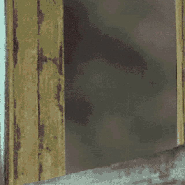 a bear is peeking out of a doorway in a painting