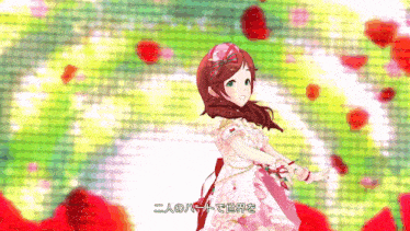 a girl in a white dress is dancing in front of a screen with chinese writing on it
