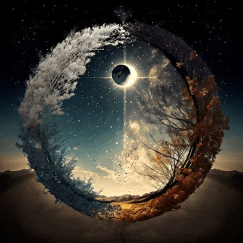 a circle with a tree in the middle and a crescent moon in the center
