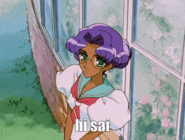 a girl with purple hair and green eyes is standing in front of a window with hisai written on the bottom right