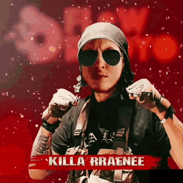a man wearing sunglasses and a bandana with the name killa braenee written on the bottom