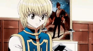a cartoon character is holding a sword in front of a painting of a man .
